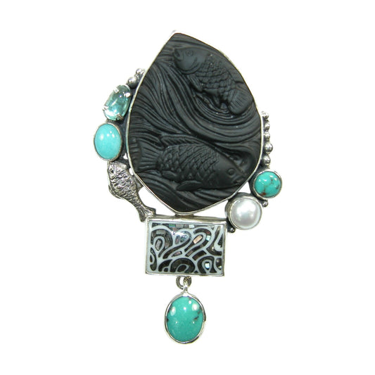28953 Carved Black Onyx, Freshwater Pearl Sterling Silver Pin Pendant