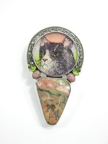 Gemstone Cat Mosaic Peridot Rhodochrosite Jasper Sterling Silver Pin Pendant