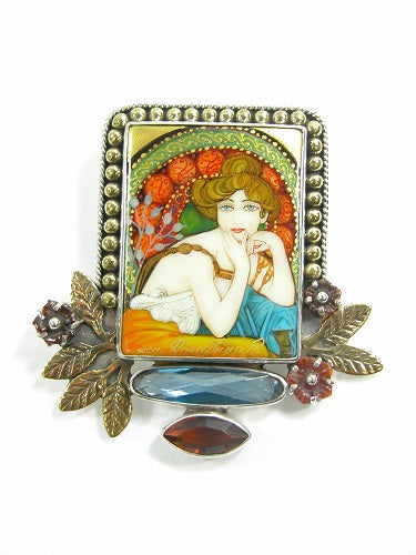 Hand Painted Lady Garnet Flowers Sterling Silver Pin Pendant
