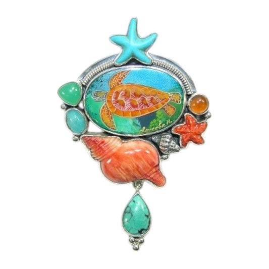 Hand Enamel Sealife, Natural Spiney Oyster, Turquoise, Hessonite Sterling Silver Pin and Pendant