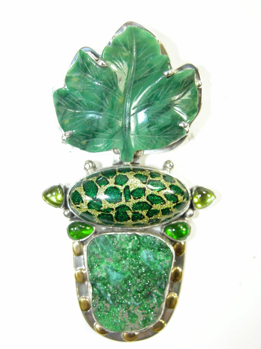 Jade Green Drusy Chrome Diopside Sterling Silver Pin Pendant