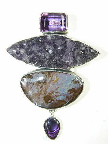 Amethyst Boulder Opal Abalone Sterling Silver Pin Pendant