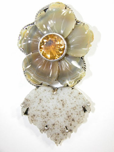 Carved Agate Flower Druzy Citrine Sterling Silver Pin and Pendant