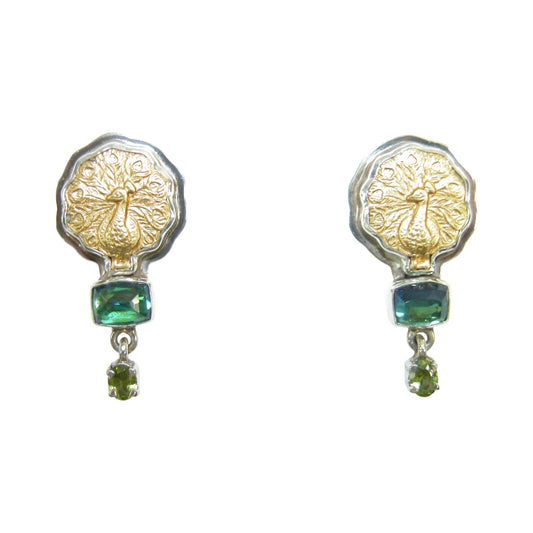 29005 Vermeil Peacock with Celestial Quartz and Peridot Sterling Silver Earrings