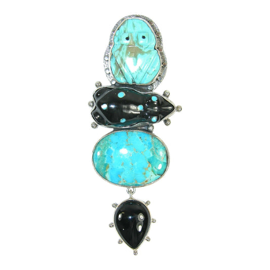 Carved Turquoise, Black Onyx Sterling Silver Pin and Pendant