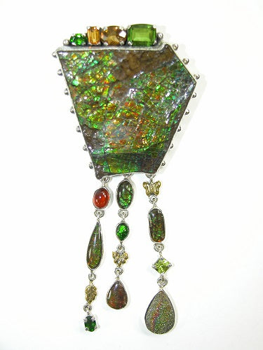 Ammolite Garnet Citrine Peridot Chrome Diospide Drusy Sterling Silver Pin Pendant