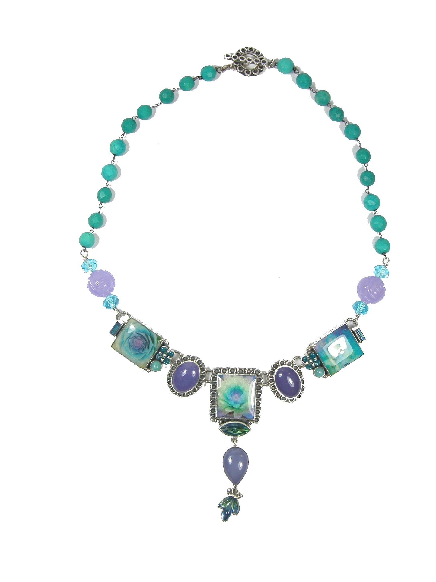 29053 Lotus Flowers Handmade Tiles, Turquoise, Purple Quartz, Sterling Silver Necklace