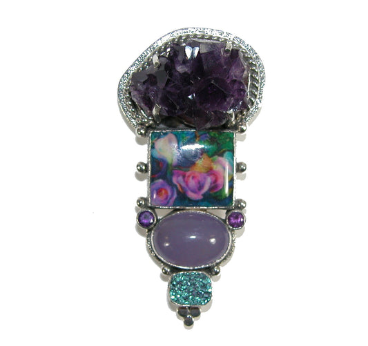 29086 Amethyst, Phosphosiderite, Drusy, Hand Made Tile Sterling Silver Pin and Pendant