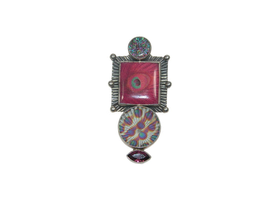 Pink Peacock Feather Pin Pendant with Czech Glass and Quartz