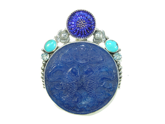 29180 Carved Blue Agate, Czech Glass, Turquoise, Blue Topaz Sterling Silver Pin and Pendant