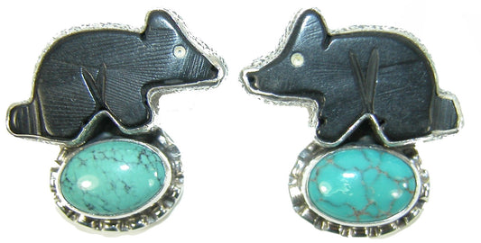 Black Onyx Zuni Bear Turquoise Sterling Silver Earring