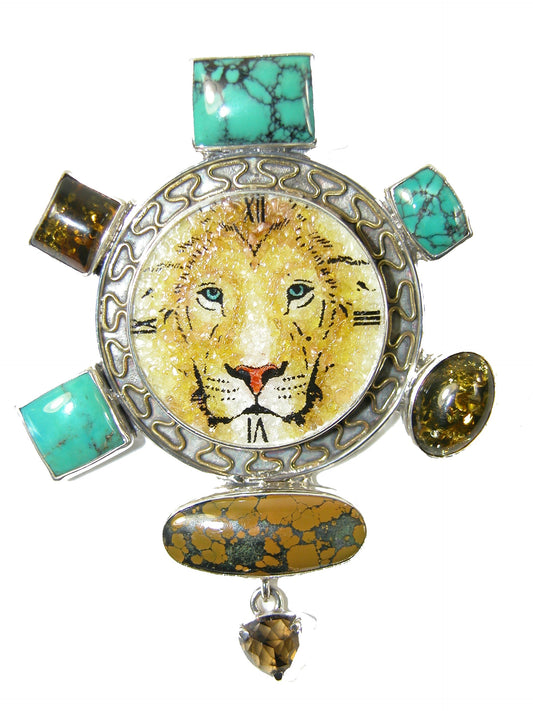 Handmade Semi-Precious Gemstone Lion Mosaic with Amber, Turquoise, Whiskey Topaz Sterling Silver Pin Pendant