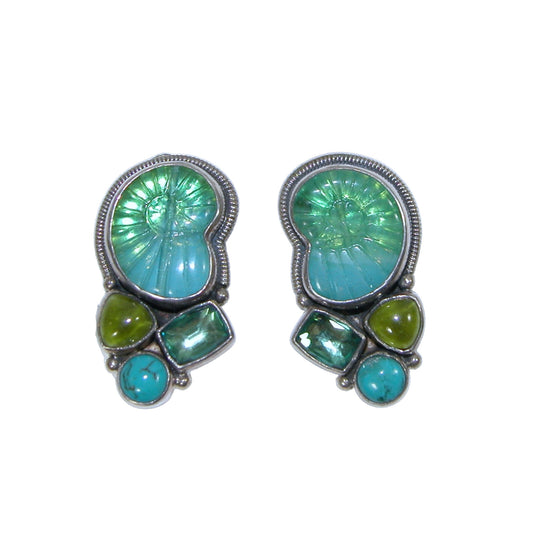 29189 Carved Shell Cluster, Turquoise, Peridot, Celestial Quartz Sterling Silver Earrings