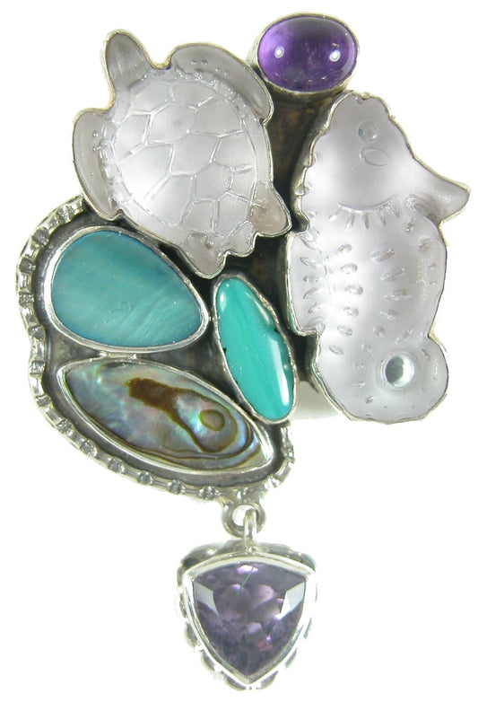 Purple Glass Sealife Abalone Mother of Pearl Amethyst Sterling Silver Pin Pendant