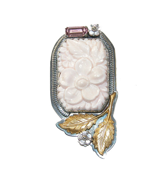 Carved Vintage Glass Flower Pink Quartz Sterling Silver Pin Pendant