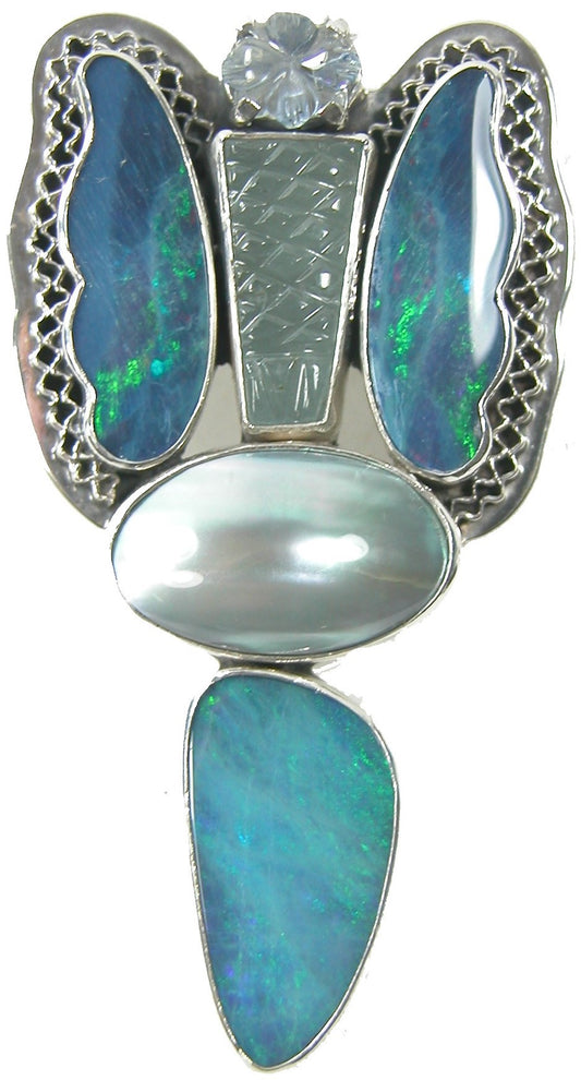 Opal Mabe Pearl Blue Topaz Sterling Silver Pin Pendant