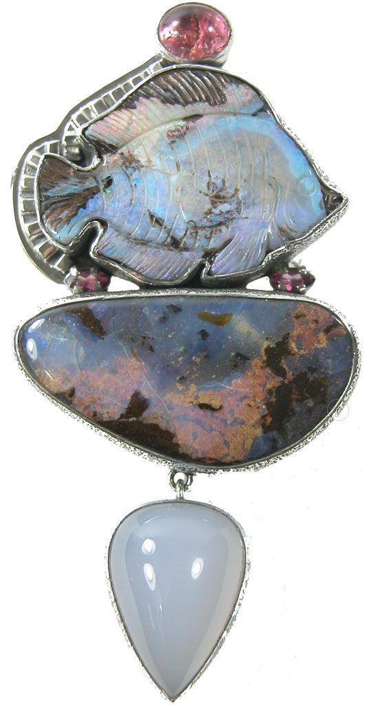 Boulder Opal Chalcedony Fish Sterling Silver Pin Pendant