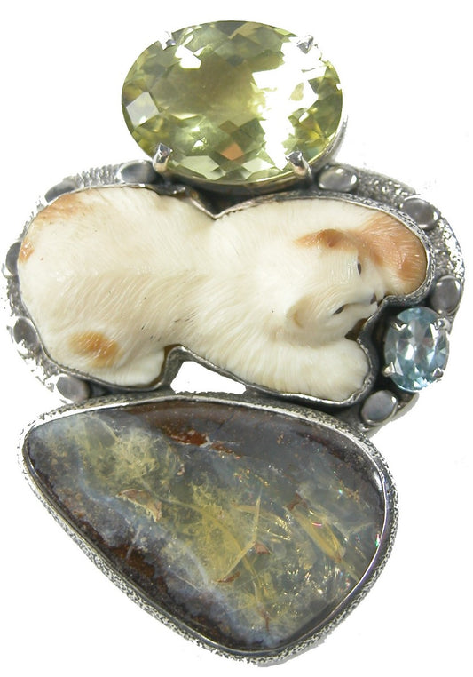 Carved Cat on Fossil with Blue Topaz and Lemon Citrine Pin Pendant