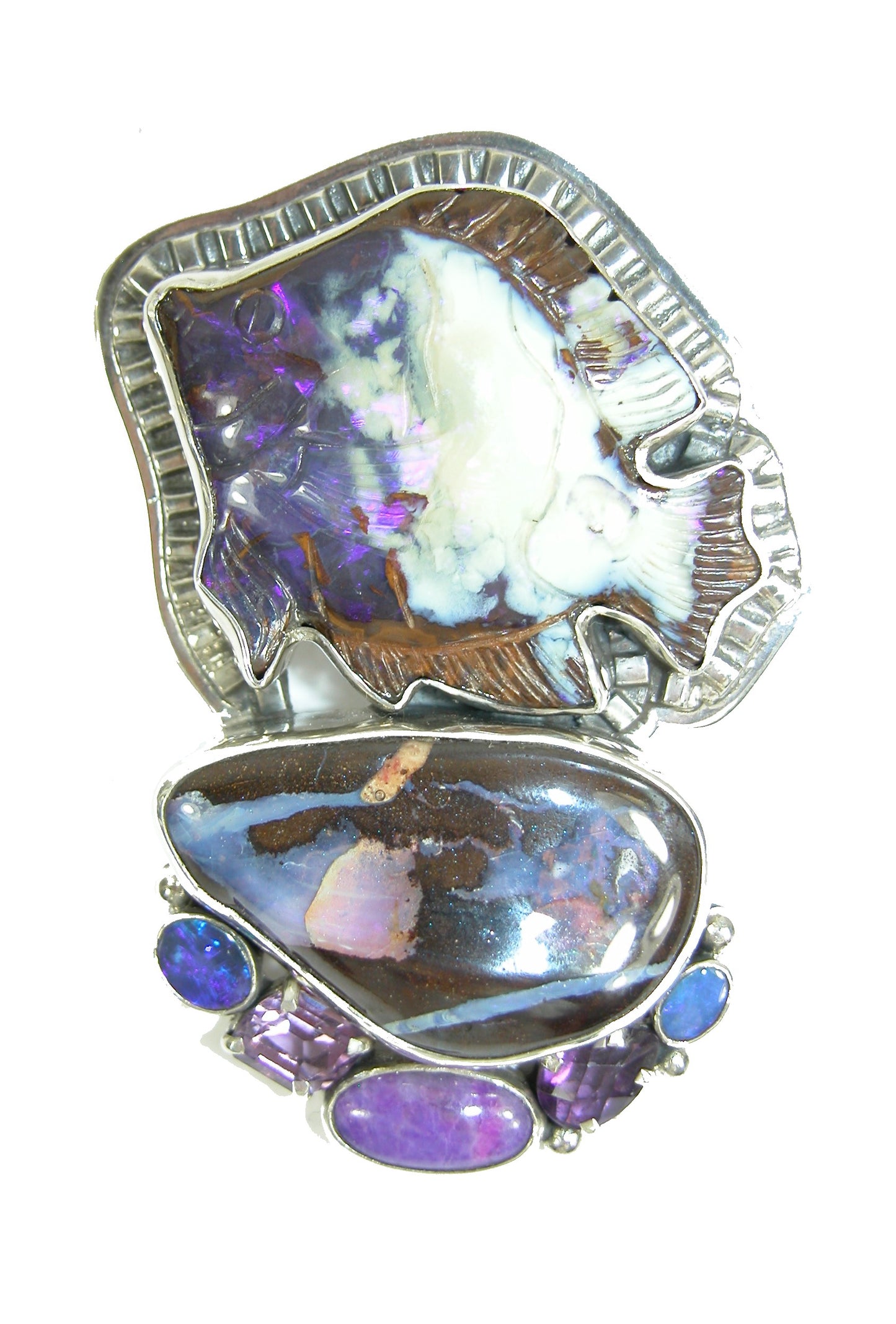 Boulder Opal Fish Amethyst Sterling Silver Pin Pendant