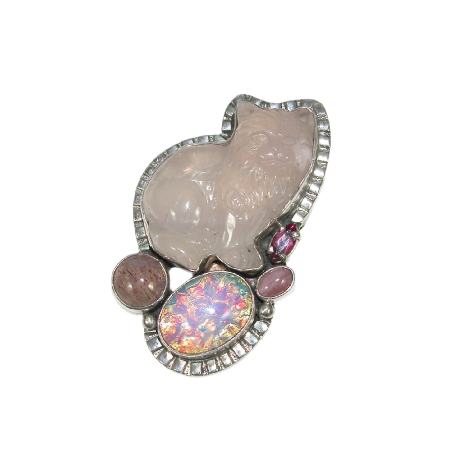 29209 Hand Carved Rose Quartz Cat, Agate, Vintage Glass Sterling Silver Pin and Pendant