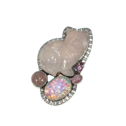 29209 Hand Carved Rose Quartz Cat, Agate, Vintage Glass Sterling Silver Pin and Pendant