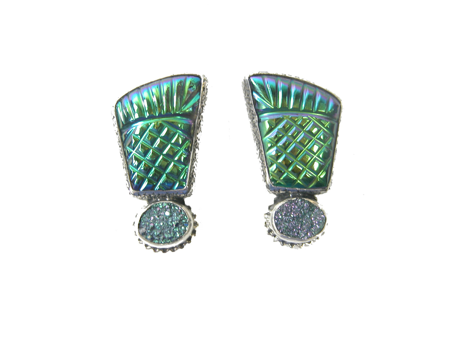 29212 Titanium Coated Agate with Brazilian Drusy Agate Sterling Silver Earring