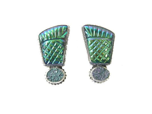 29212 Titanium Coated Agate with Brazilian Drusy Agate Sterling Silver Earring