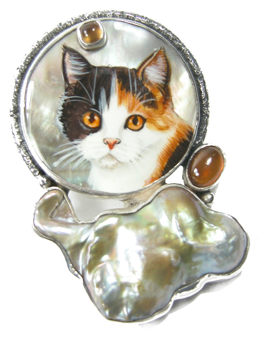 Hand Painted Cat Miniature Freshwater Pearl Sterling Silver Pin and Pendant