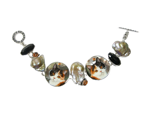 Hand Painted Miniature Mother of Pearl Black Onyx Amber Sterling Silver Bracelet