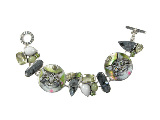 Hand Painted Miniature Cat Painting Peridot Sterling Silver Bracelet