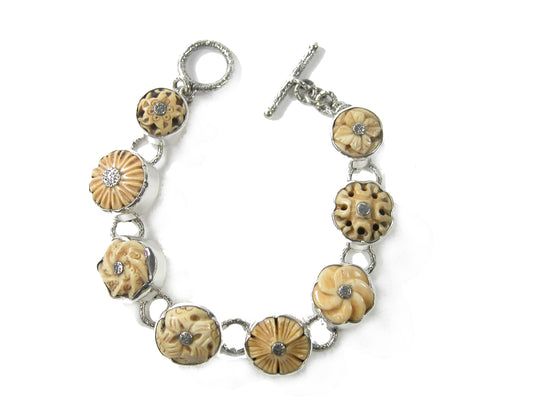 29228 Hand Carved Bone Sterling Silver Bracelet