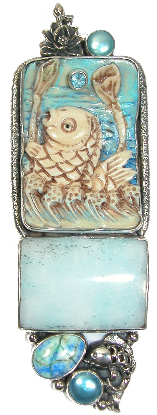 Hand Carved Bone Freshwater Pearl Hemimorphite Fish Sterling Silver Pin Pendant
