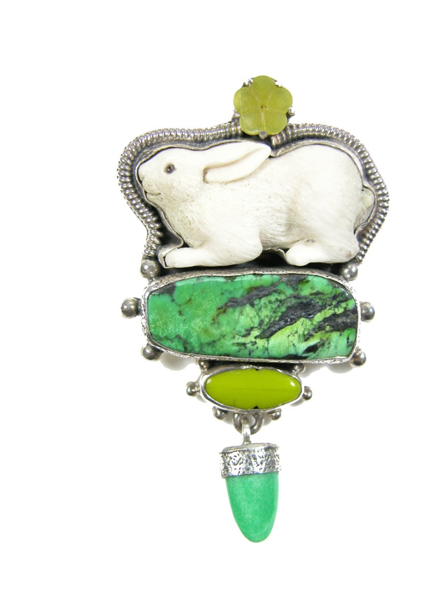 Carved Fossil Turquoise Serpentine Jade Sterling Silver Pin Pendant