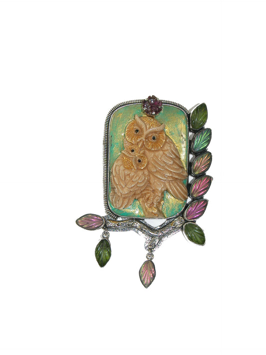 Hand Carved Fossil Owl Sterling Silver Pin Pendant