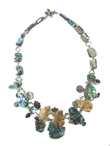 Carved Frog Abalone Amethyst Sterling Silver Collar Necklace