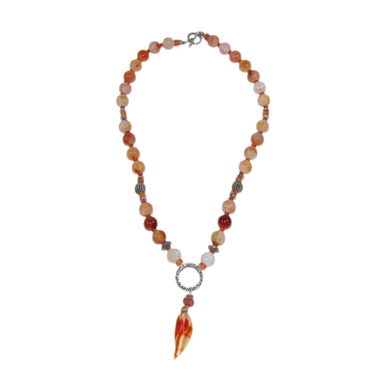 29276 Carnelian Carved Leaf Pendant Sterling Silver Beaded Necklace