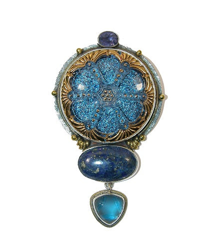 Vintage Glass Button Lapis Quartz Sterling Silver Pin Pendant