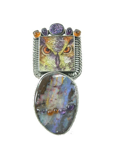 Gemstone Owl Mosaic Boulder Opal Sterling Silver Pin Pendant