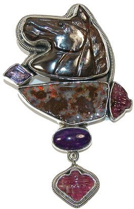 Carved Boulder Opal Horse Amethyst Sterling Silver Pin Pendant