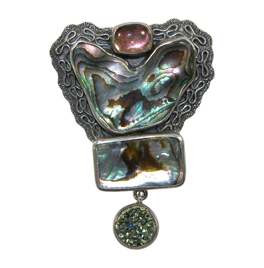 29306 Abalone, Titanium Clad Drusy, Quartz Sterling Silver Pin Pendant