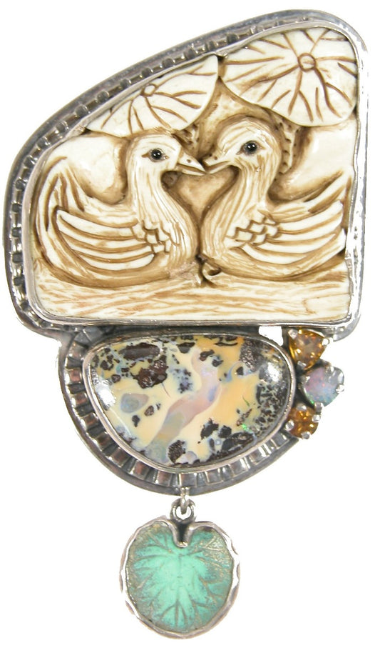 29315 Carved Fossil Ivory Ducks Boulder Opal Citrine Sterling Silver Pin Pendant