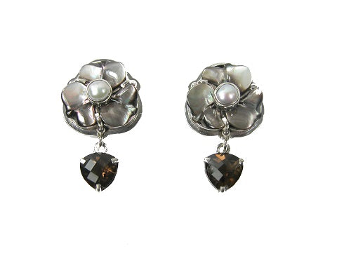 Carved Mother of Pearl Flower Freshwater Pearl Sterling Silver Earrings