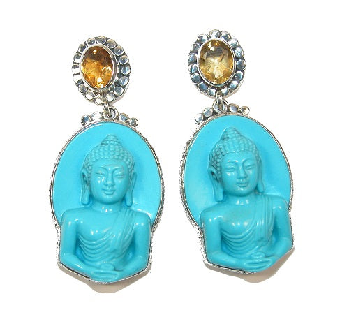 29322 Carved Turquoise Buddha Citrine Sterling Silver Earring