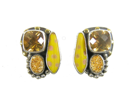 29333 Citrine Gold Clad Drusy Czech Glass Cluster Sterling Silver Earring