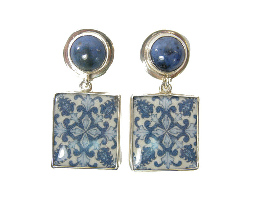29342 Blue Hand Painted Enamel Button with Hand Made Tile with Sterling Silver Earrings