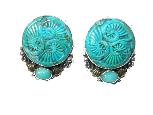 Carved Turquoise, Amazonite Sterling Silver Earrings