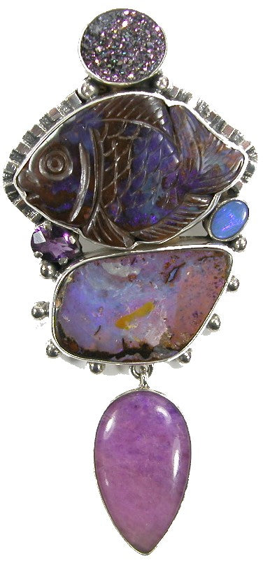 Drusy Boulder Opal Hand Carved Fish Sterling Silver Pin and Pendant