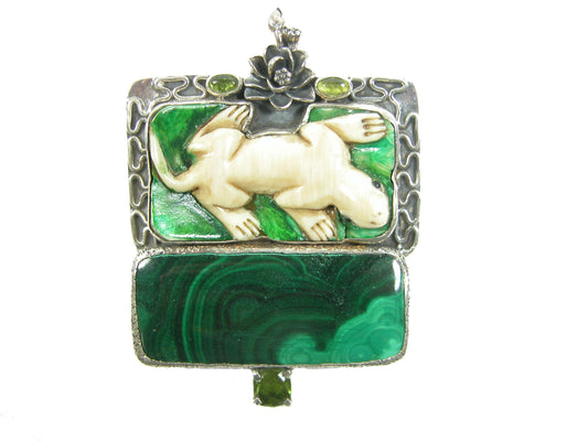 Carved Fossil, Malachite, Peridot, Celestial Quartz Lizard Sterling Silver Pin and Pendant