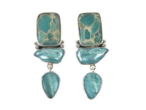 Blue Freshwater Pearl Mother Pearl Sterling Silver Earring