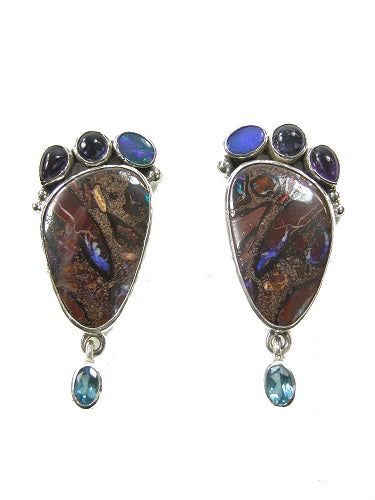 Boulder Opal Amethyst Blue Topaz Sterling Silver Earring